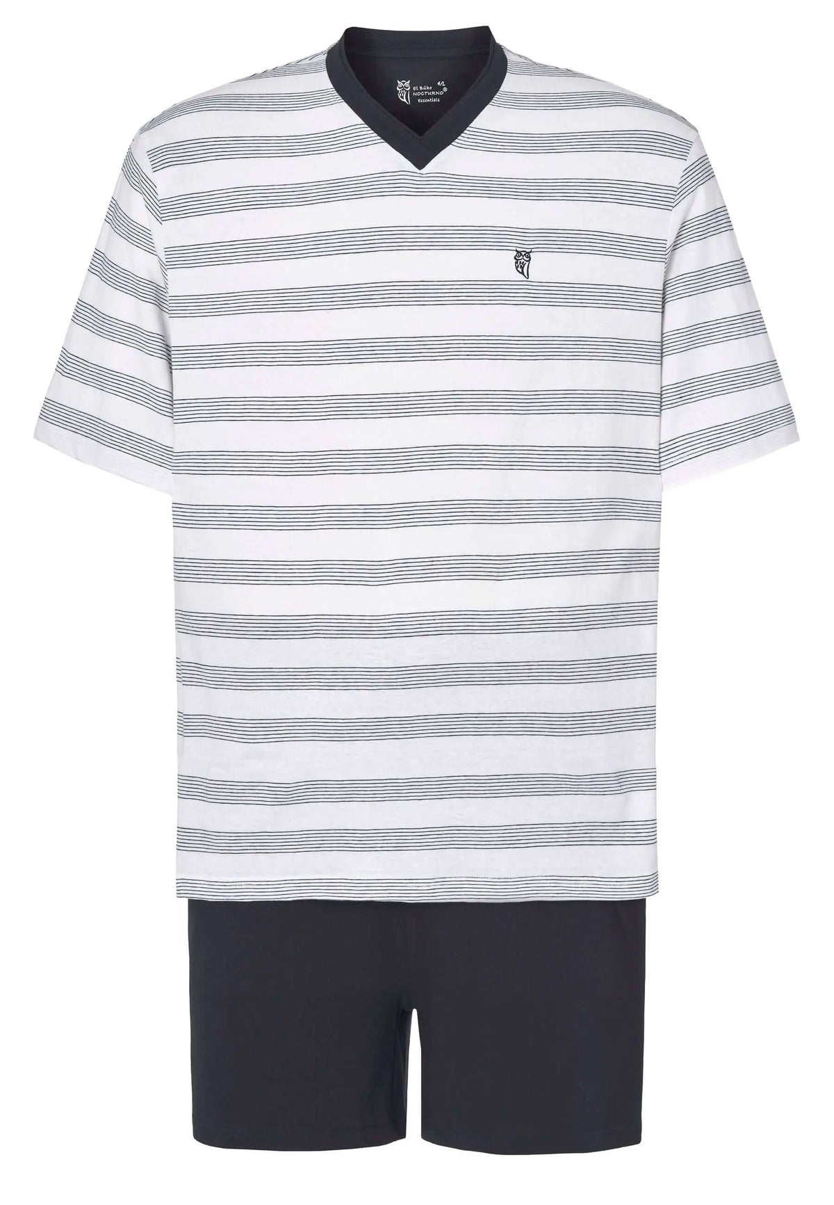Pijama corto hombre: camiseta cuello pico rayas gris/blanco y pantalón liso azul marino. Marca El Búho Nocturno.