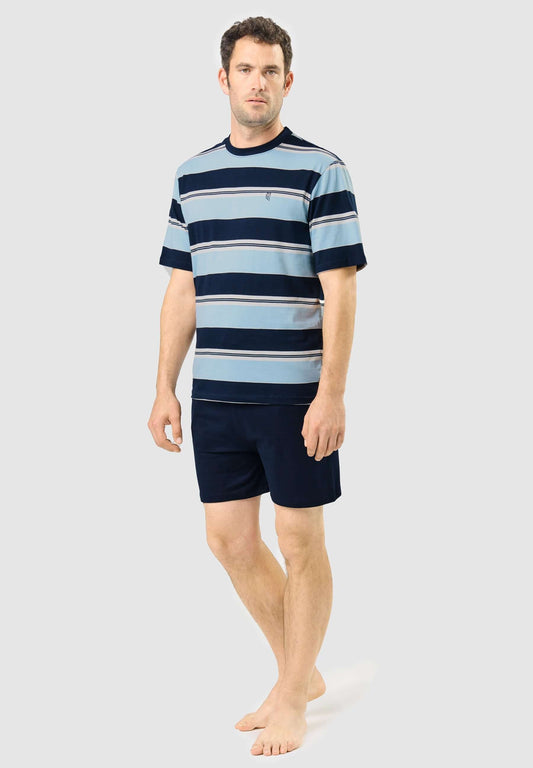 Pijama Hombre Verano Corto Tapeta Algodón Cuello Redondo Punto Rayas - Azul 3082_39