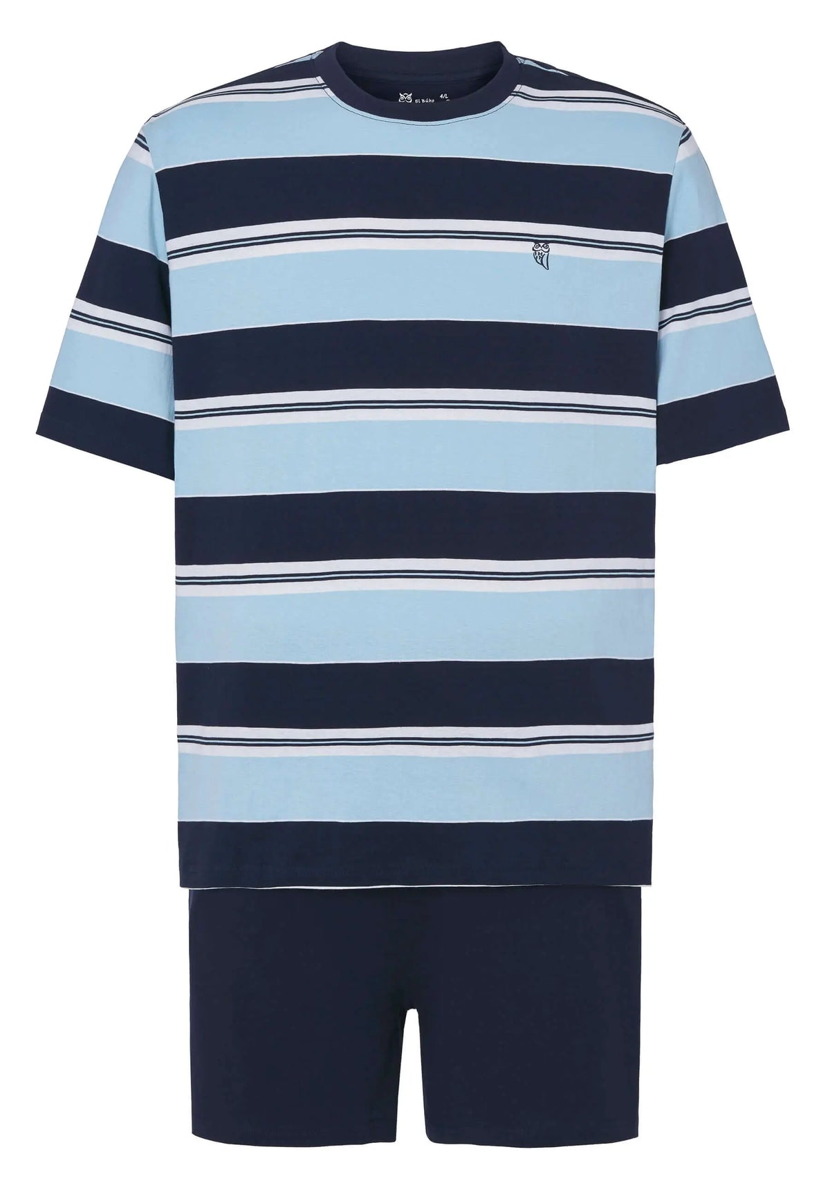 Pijama corto hombre, camiseta cuello redondo rayas azul marino y celeste, pantalón corto liso azul marino.