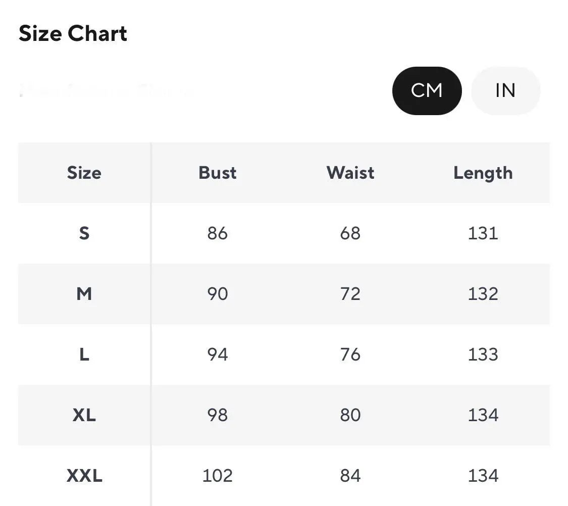 Size chart for women's clothing featuring measurements in centimeters for sizes S to XXL.