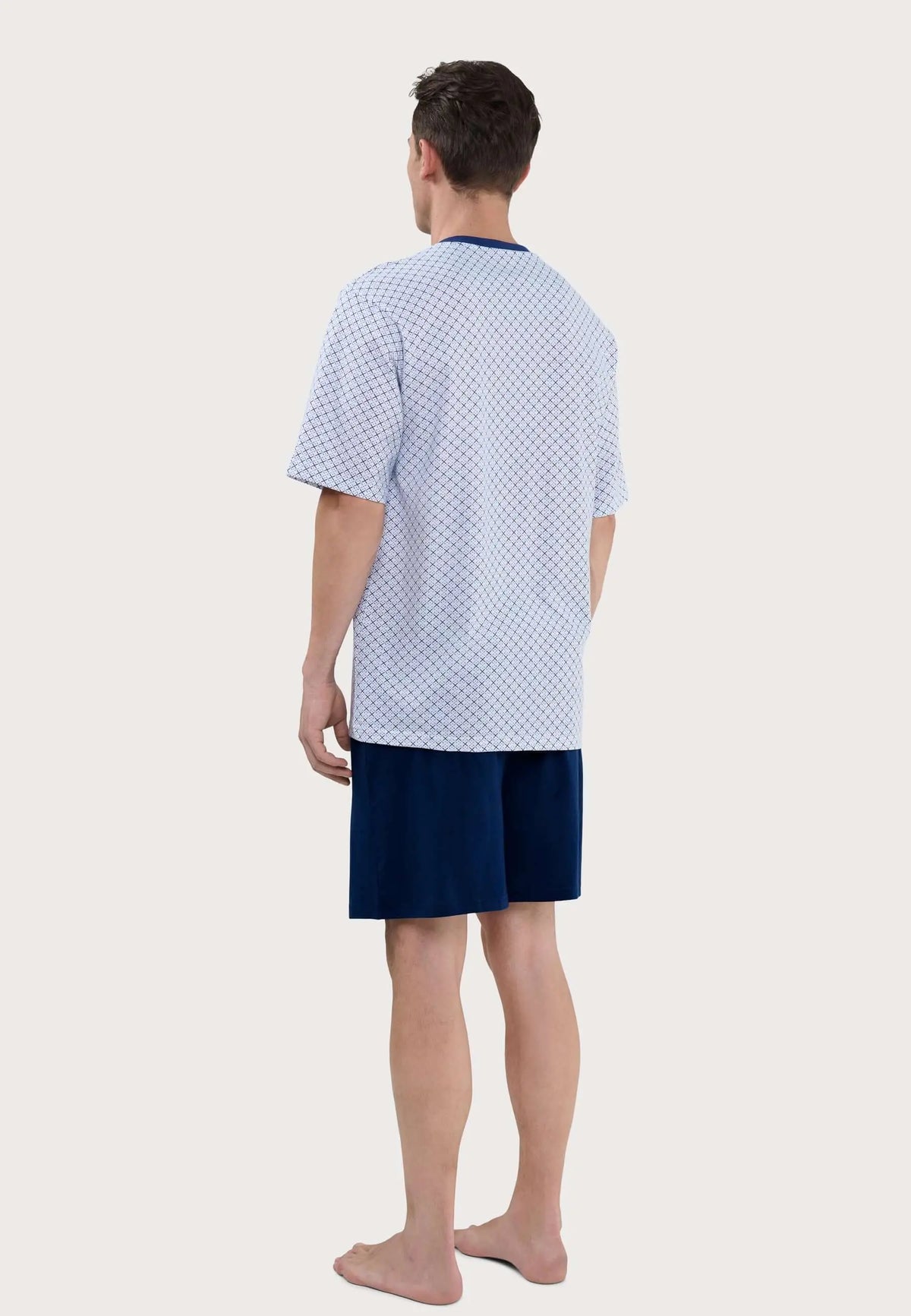 Pijama de hombre corto para verano, camiseta estampada de algodón y pantalón azul liso de corte recto y cómodo.