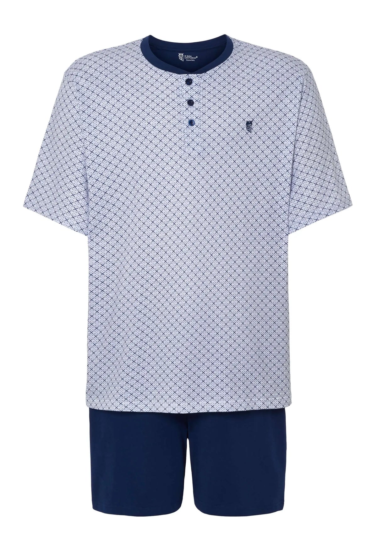 Pijama corto de verano para hombre, camiseta de algodón estampada con tapeta de botones y pantalón azul liso.