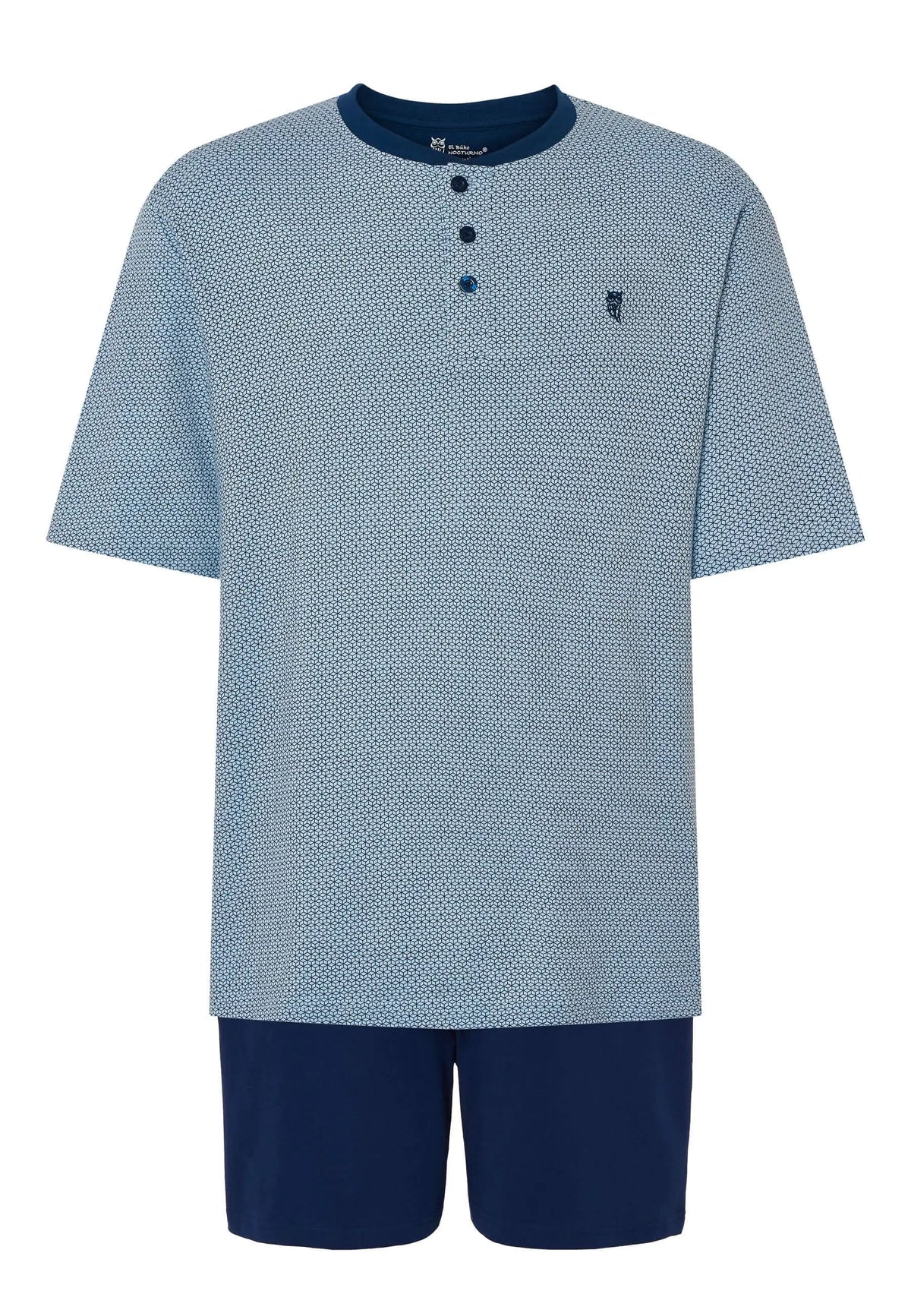 Pijama corto de verano para hombre, camiseta azul estampada con tapeta de botones y pantalón corto liso de algodón.