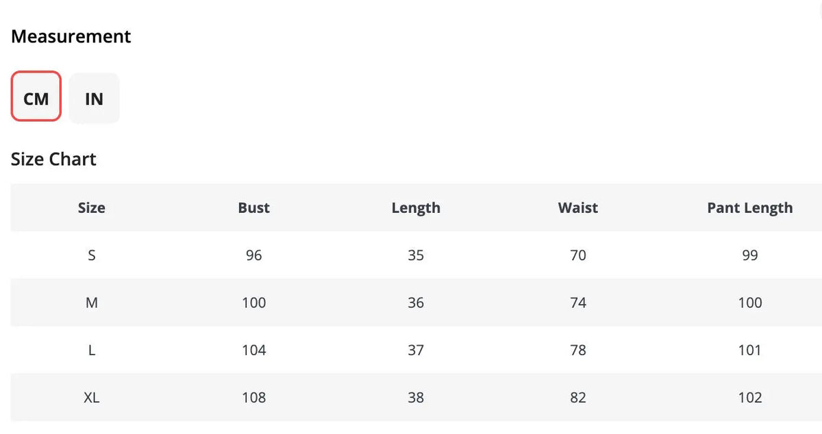 Size chart for clothing with columns for size, bust, length, waist, and pant length in centimeters.