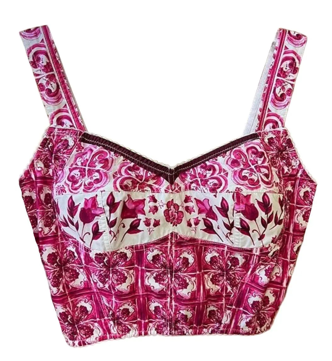 Cotton cropped corset top with a pink and white Majolica print, featuring thick straps and sweetheart neckline.
