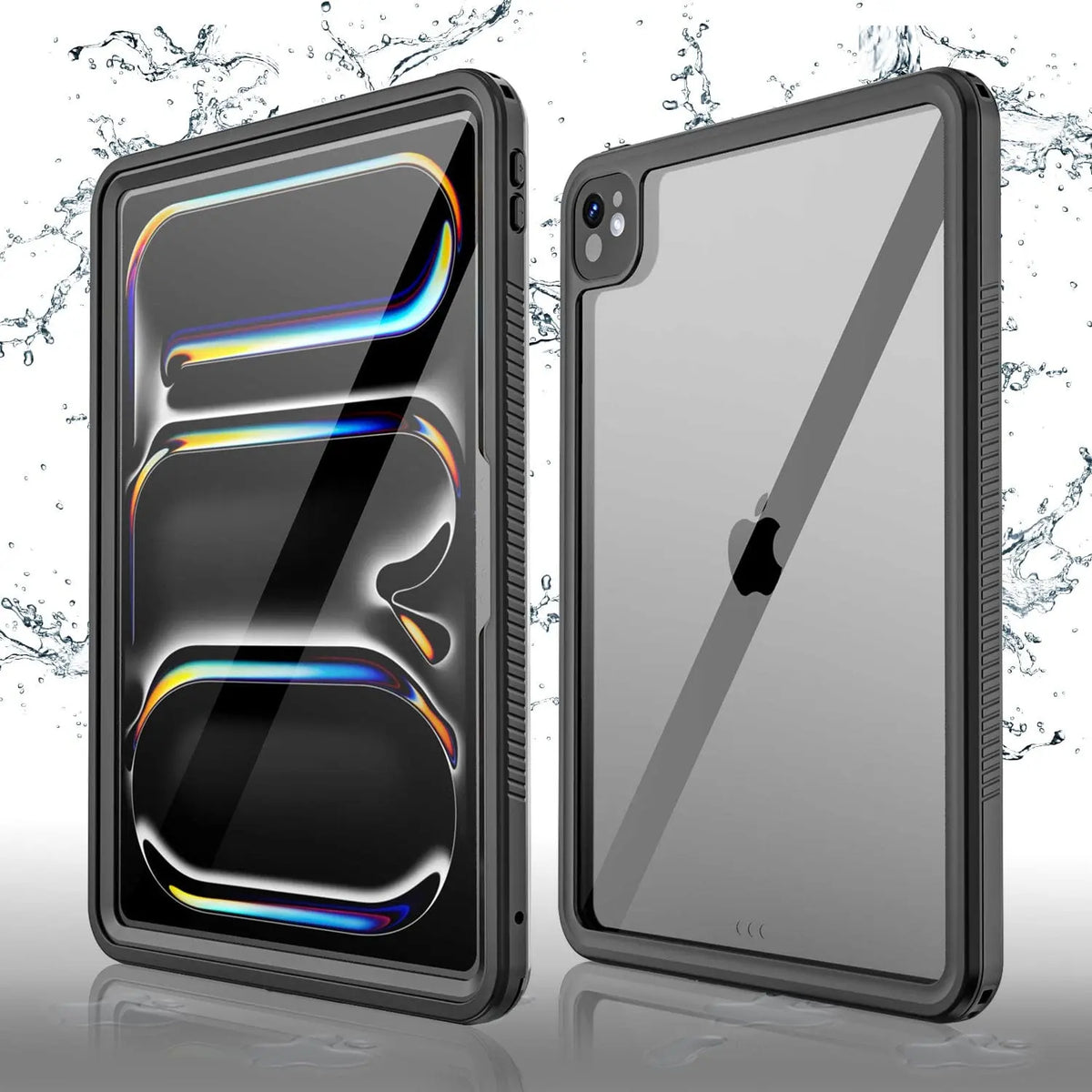 Waterproof black protective case for 13-inch iPad Pro, featuring a built-in screen protector and clear back panel.