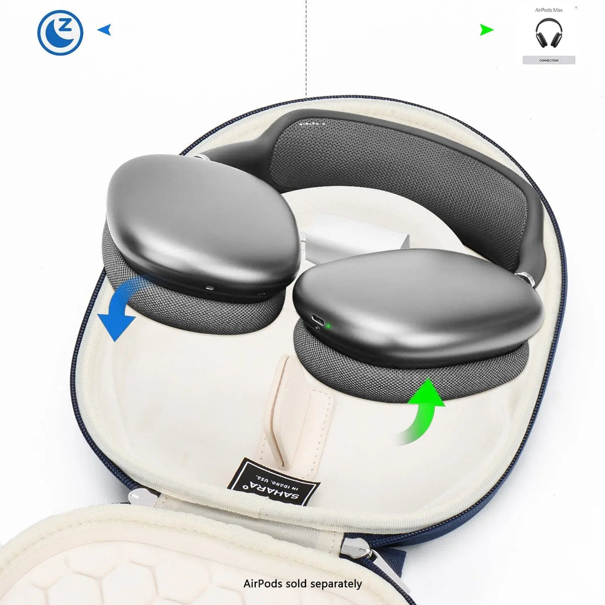 Hard-shell travel case for AirPods Max featuring a soft cream-colored interior and blue exterior zipper.