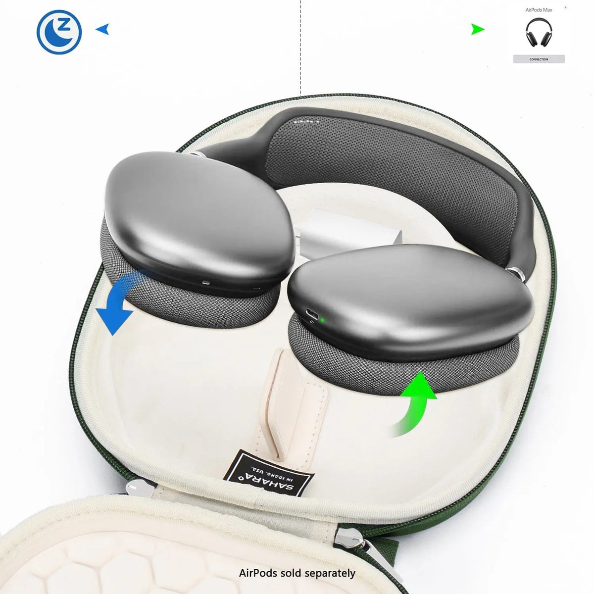 Space gray AirPods Max inside a green hard-shell travel case with cream interior and Sahara brand tag.