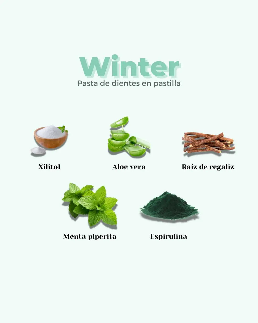 Ingredientes naturales del refill pasta de dientes ECO WINTER de Banbu: xilitol, aloe, regaliz, menta y espirulina.