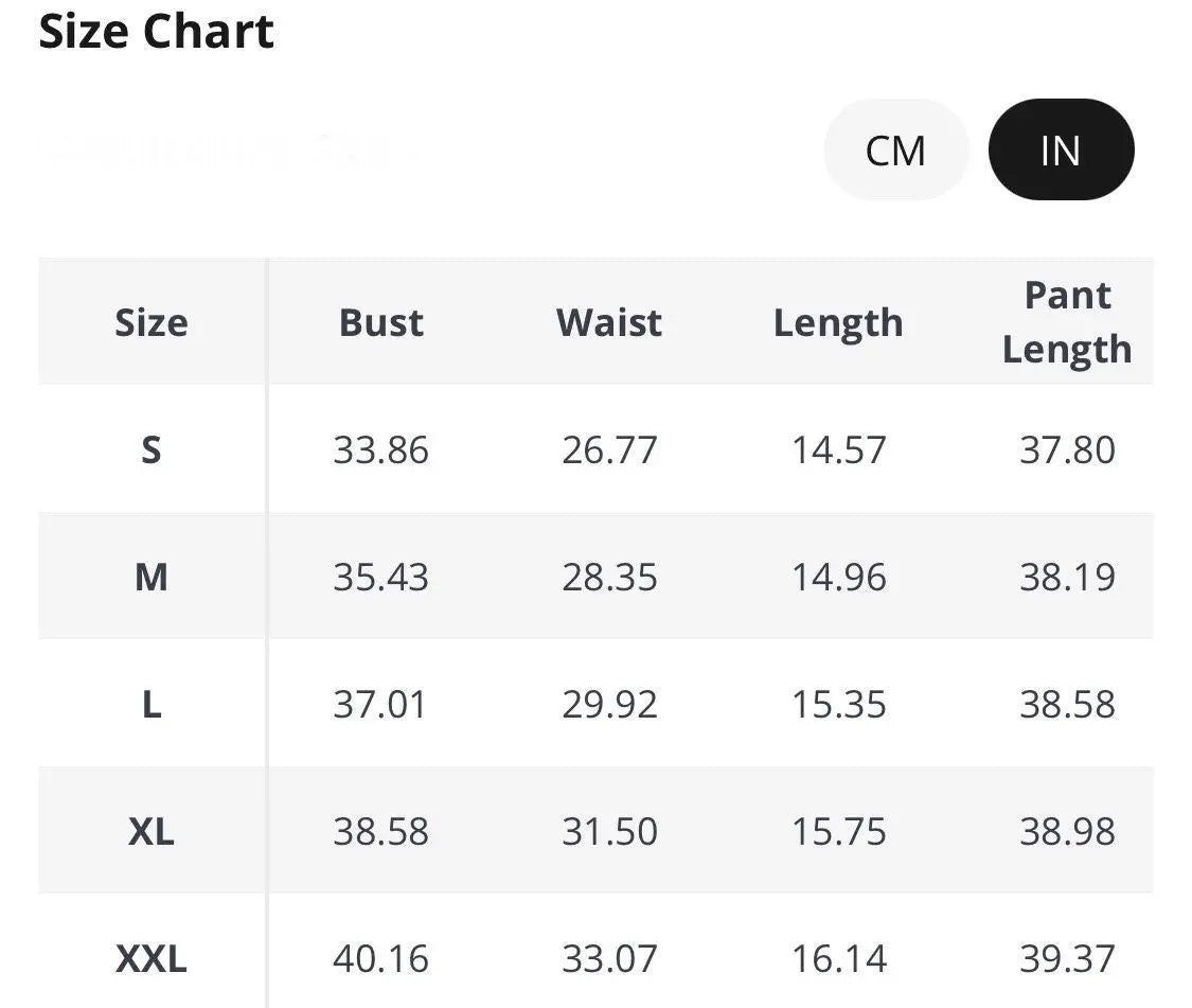 Size chart for women's clothing with measurements in cm and inches for small to XXL sizes.