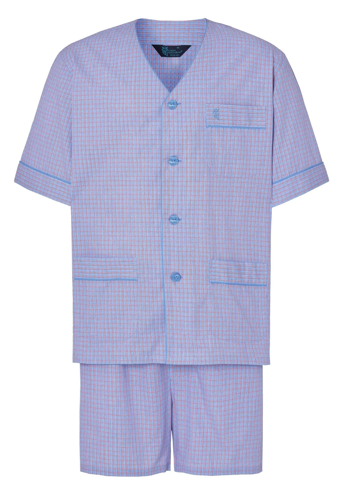 Pijama de hombre azul de cuadros, cuello en V con botones, manga corta y pantalón corto. Estilo judo de algodón.