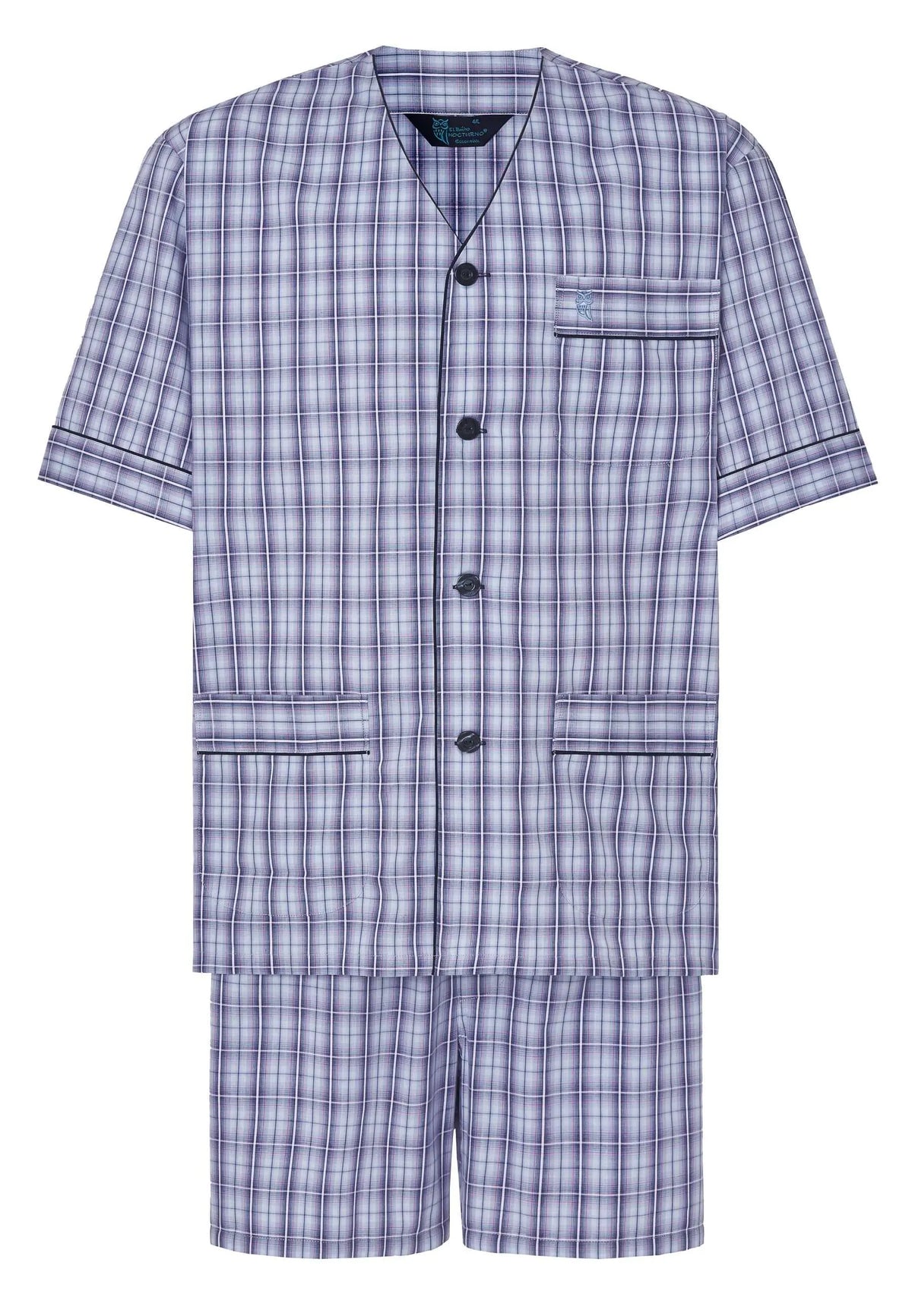 Pijama corto de hombre a cuadros azules y blancos con cuello pico, botones, bolsillo frontal y manga corta de popelín.