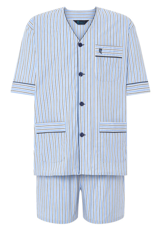 Pijama de rayas azul y blanco, de algodón, estilo corto con botones y bolsillo en la parte superior.