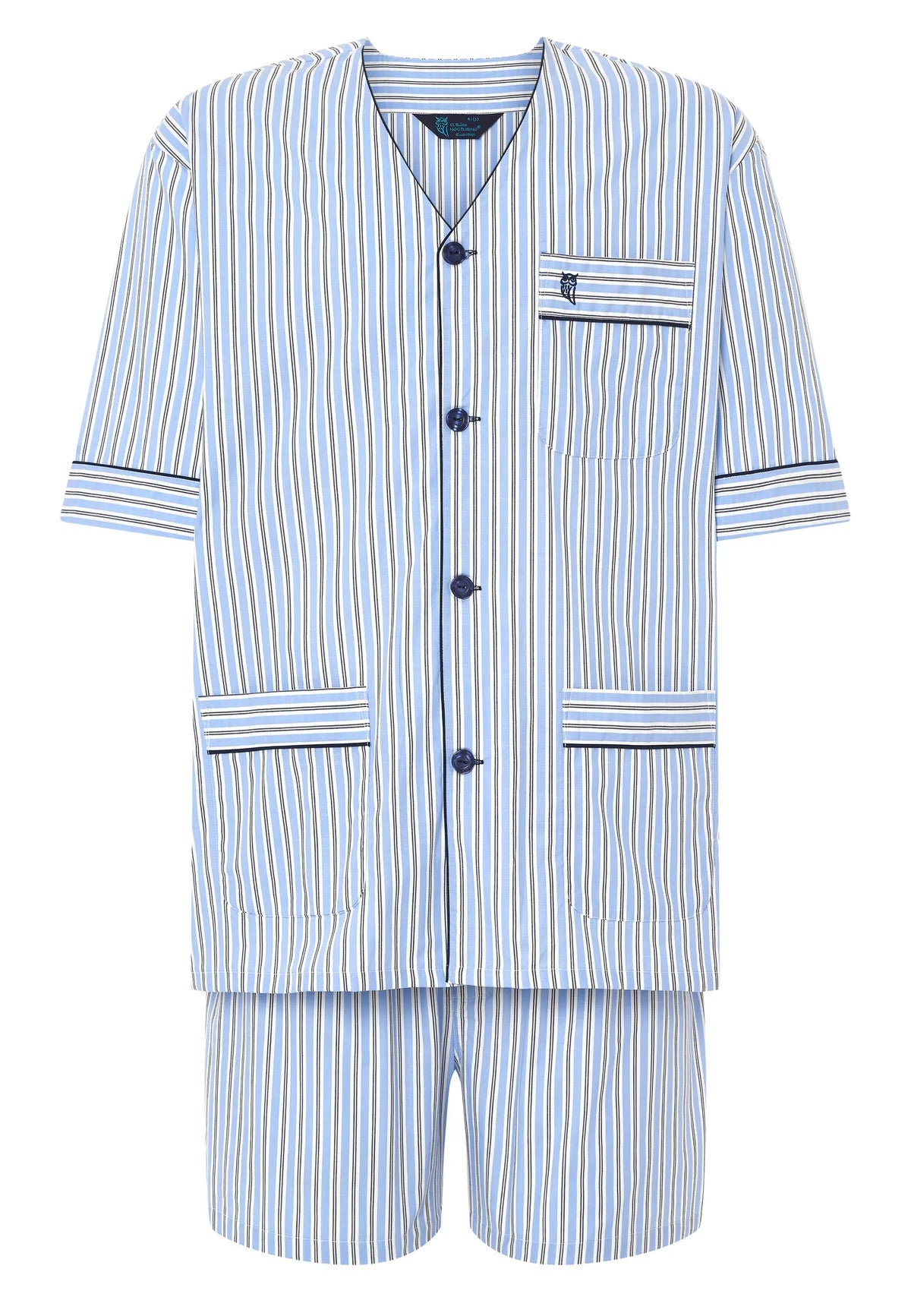Pijama de rayas azul y blanco, de algodón, estilo corto con botones y bolsillo en la parte superior.