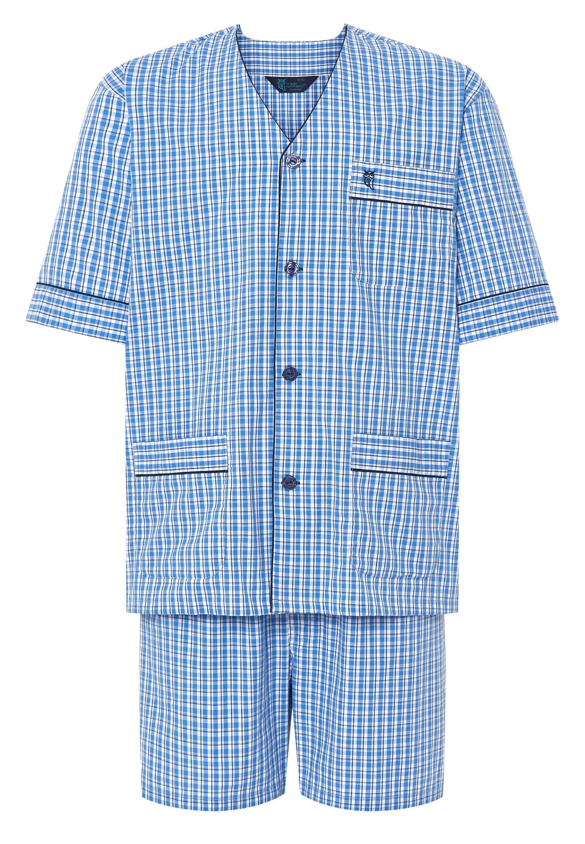 Conjunto de pijama de cuadros azules y blancos, 100% algodón, estilo relajado con botones y bolsillo en el pecho.