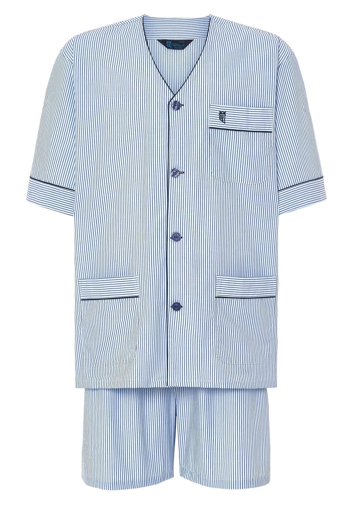 Conjunto de pijama de rayas azul claro, algodón, con botones y bolsillo en chaqueta corta y pantalones cortos.