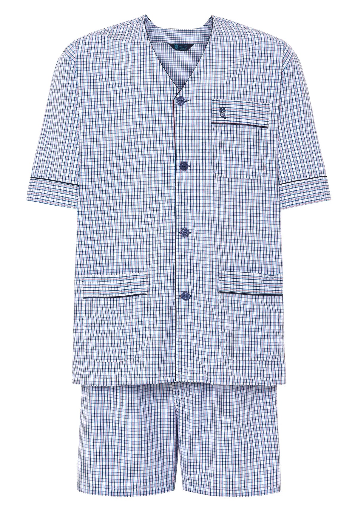 Conjunto de pijama de cuadros en azul y blanco, corto, de algodón, con botón y bolsillo en la parte delantera.