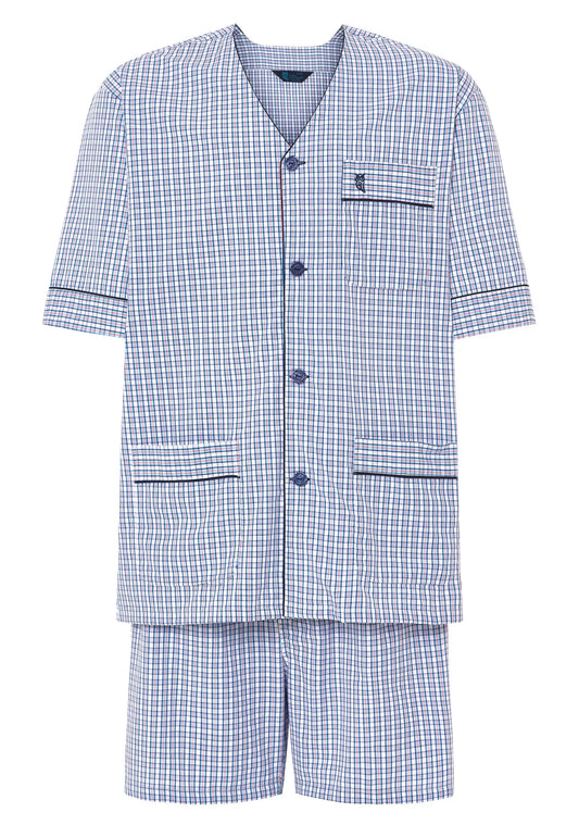 Conjunto de pijama de cuadros en azul y blanco, corto, de algodón, con botón y bolsillo en la parte delantera.