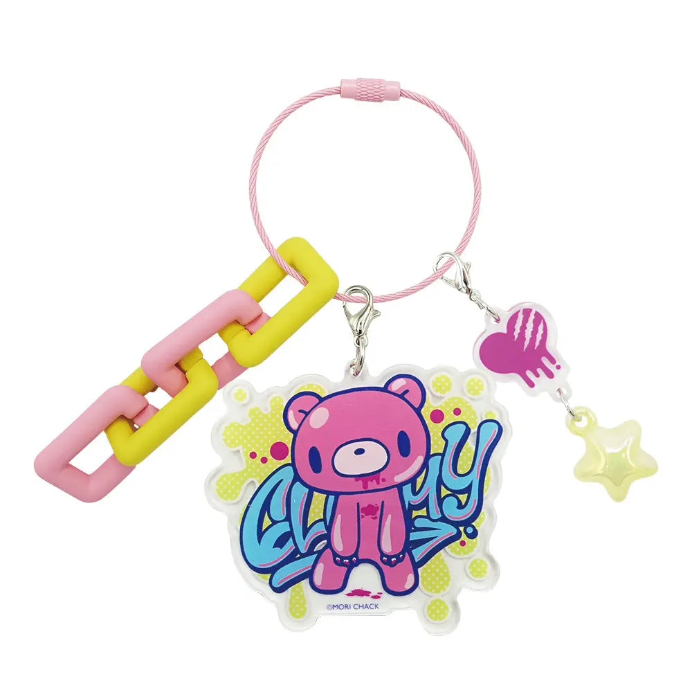 Gloomy Bear acrylic keychain featuring a graffiti design, pink bear, yellow/pink chain, and star charm on a wire ring.