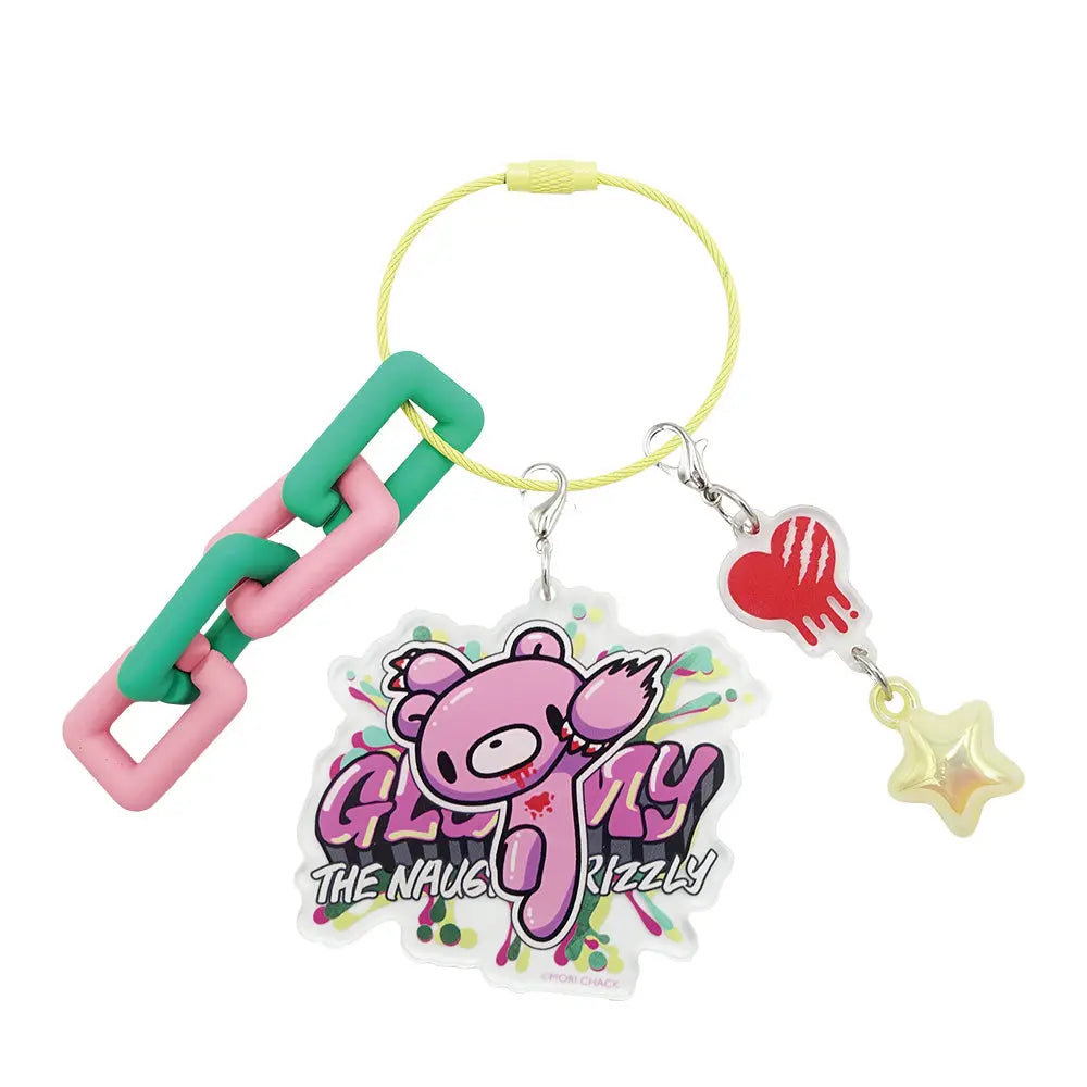 Gloomy Bear acrylic keychain on yellow wire, featuring a pink bear, pink-green chain, heart charm, and a small star.