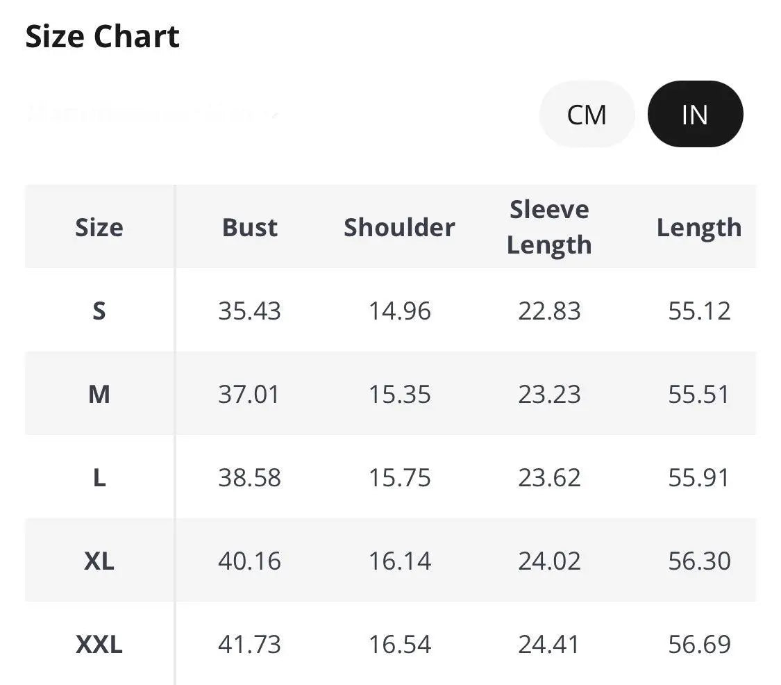 Size chart for women's tops, featuring measurements in cm and inches for sizes S to XXL.
