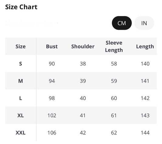 Size chart for women's clothing with measurements in centimeters for bust, shoulder, sleeve, and length.