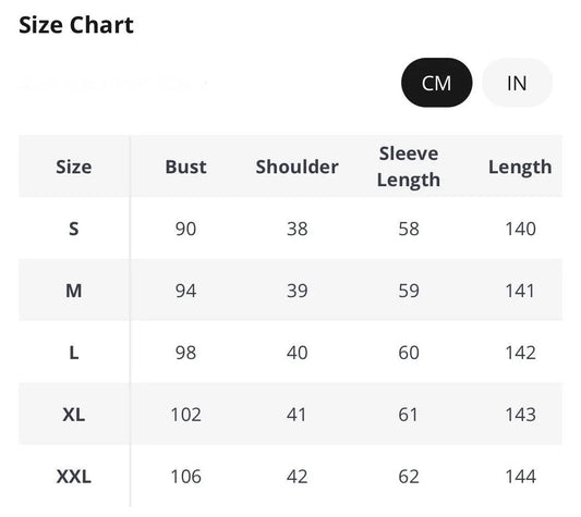 Size chart for women's clothing with measurements in centimeters for bust, shoulder, sleeve, and length.