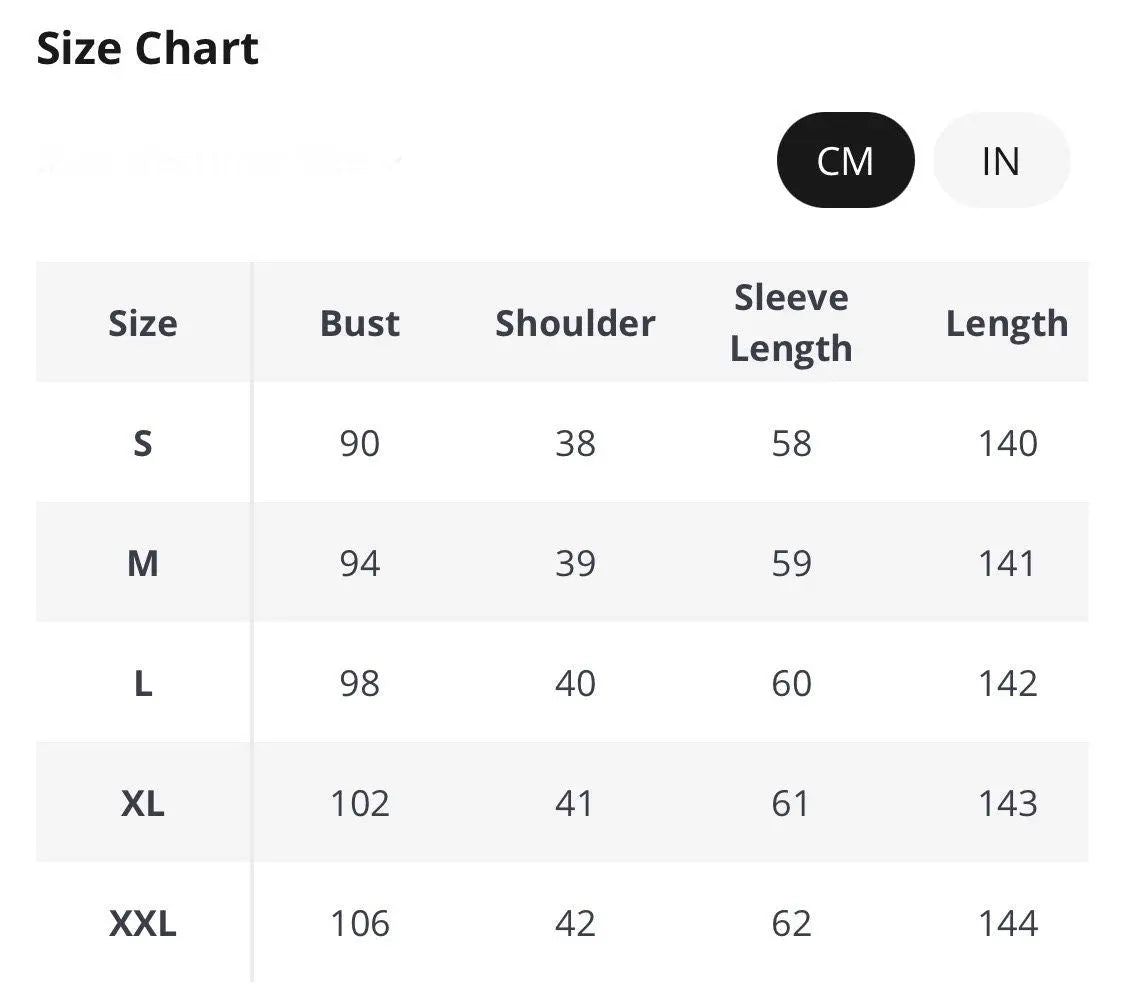 Size chart for women's apparel, detailing bust, shoulder, sleeve, and length measurements in cm and inches.