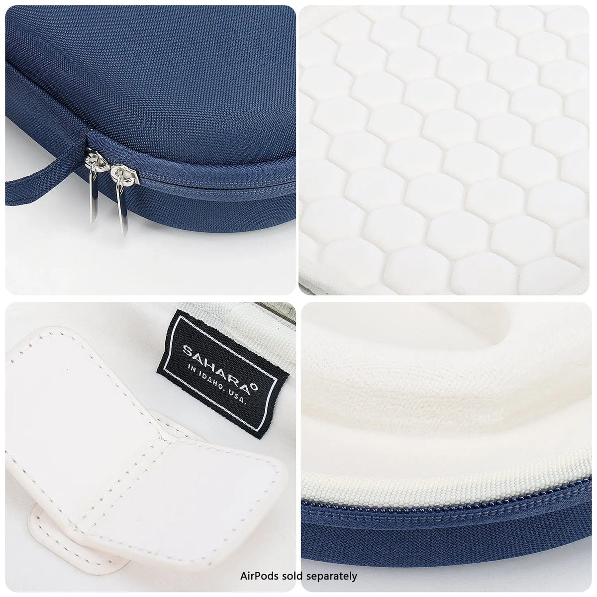 Blue hardshell carry case with textured fabric exterior, white honeycomb-patterned interior, and Sahara brand label.