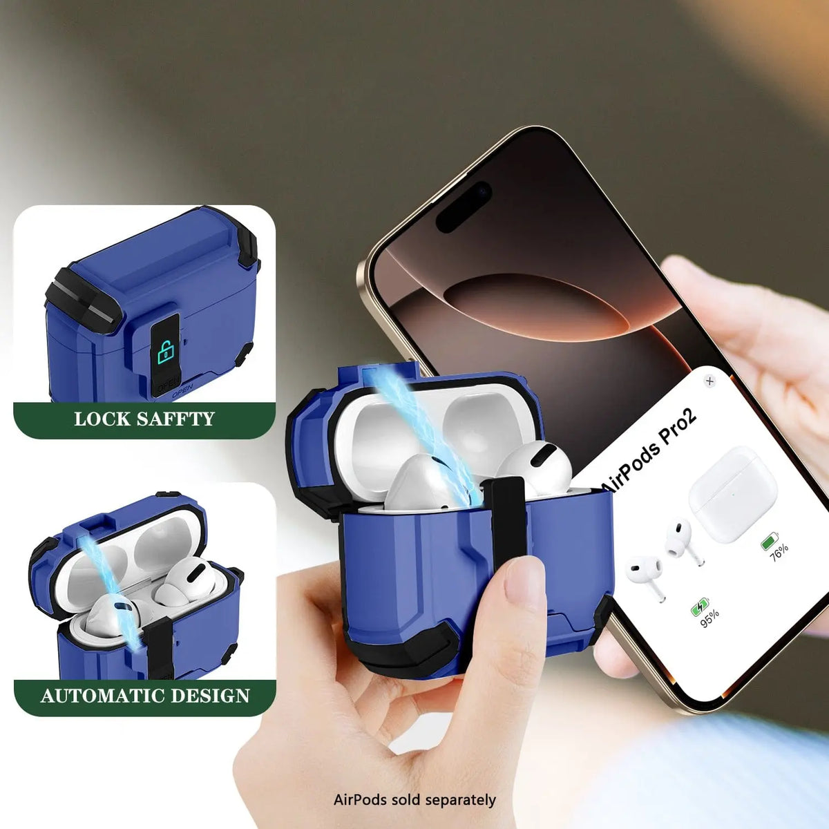 Rugged blue heavy-duty AirPods Pro case with secure lock, automatic opening mechanism, and MagSafe compatibility.