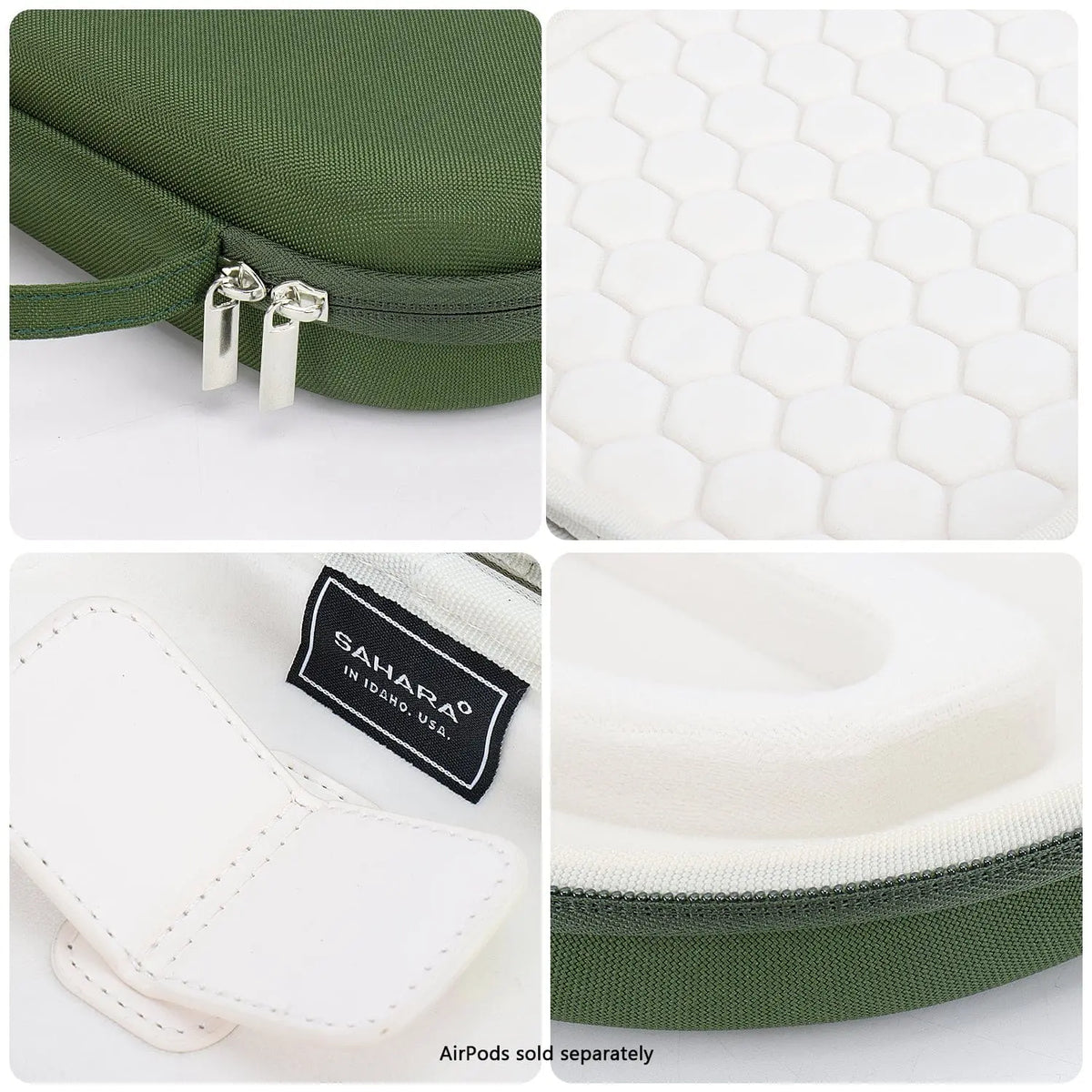 Olive green hard-shell travel case with metal zippers, white hexagonal interior padding, and Sahara brand label inside.