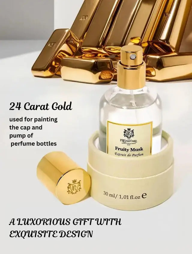 Fruity Musk perfume bottle with gold cap and label, displayed in a round cream gift box with luxury gold accents.