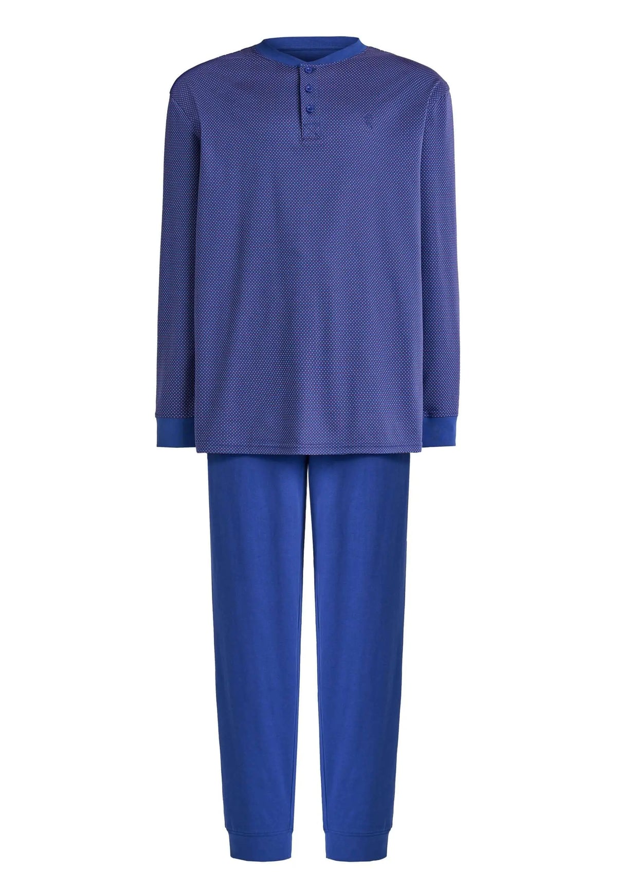 Pijama azul de hombre: camiseta de manga larga estampada con botones y pantalón liso de algodón con puños.