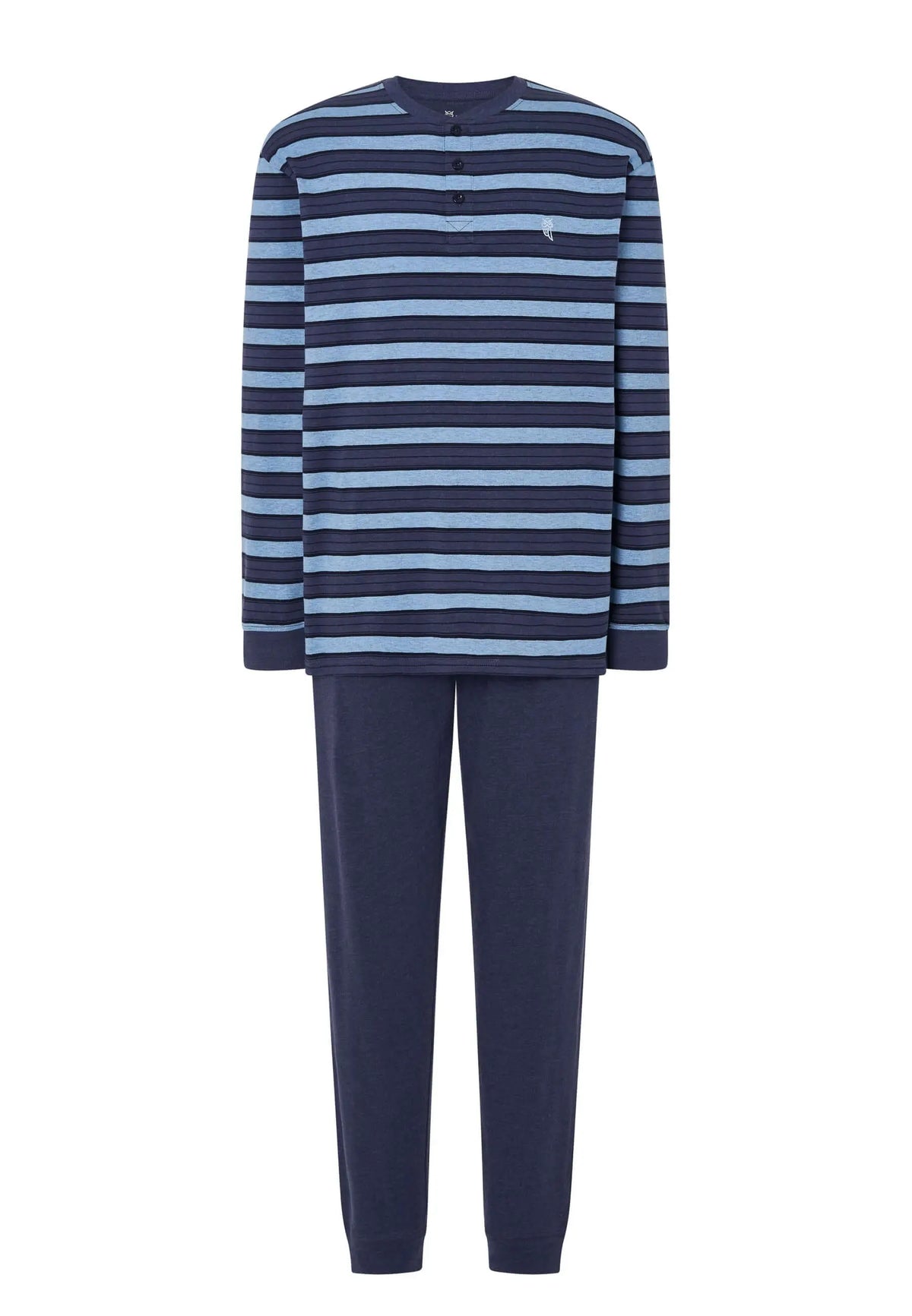 Pijama hombre de punto, camiseta rayas azul marino y celeste con tapeta de botones y pantalón largo liso marino.