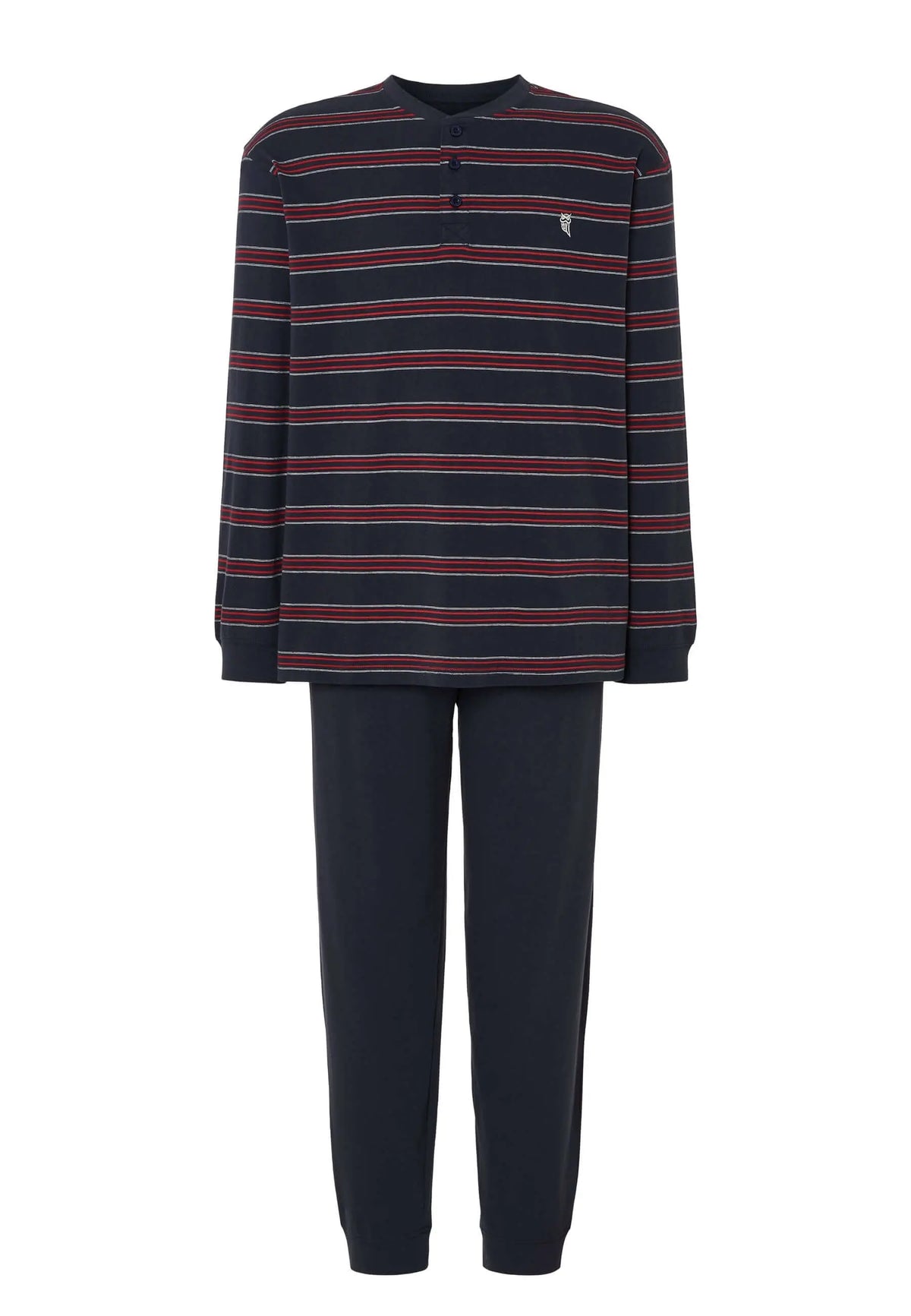 Pijama largo de hombre: camiseta a rayas azul y roja con botones y pantalón liso azul marino.