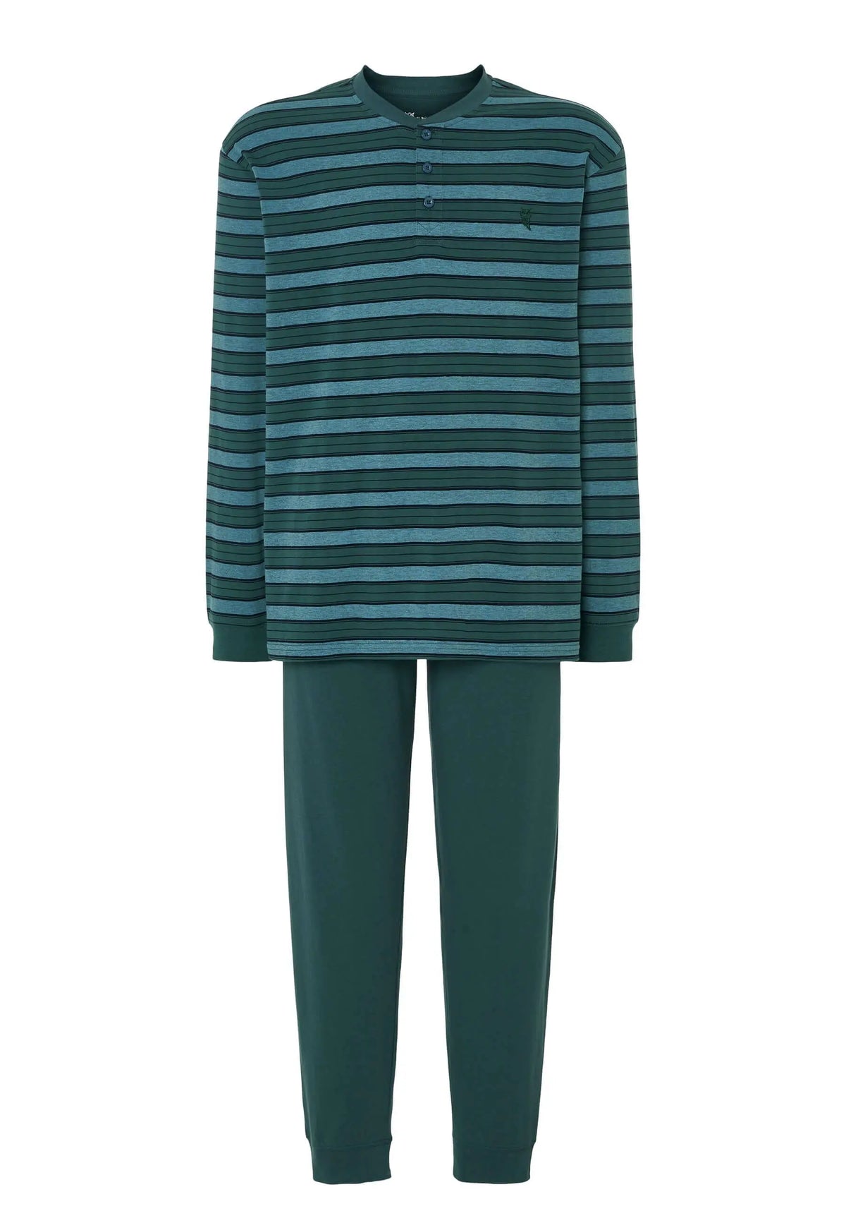 Pijama de hombre de punto: camiseta de rayas verdes y azules con tapeta de botones y pantalón largo liso verde oscuro.