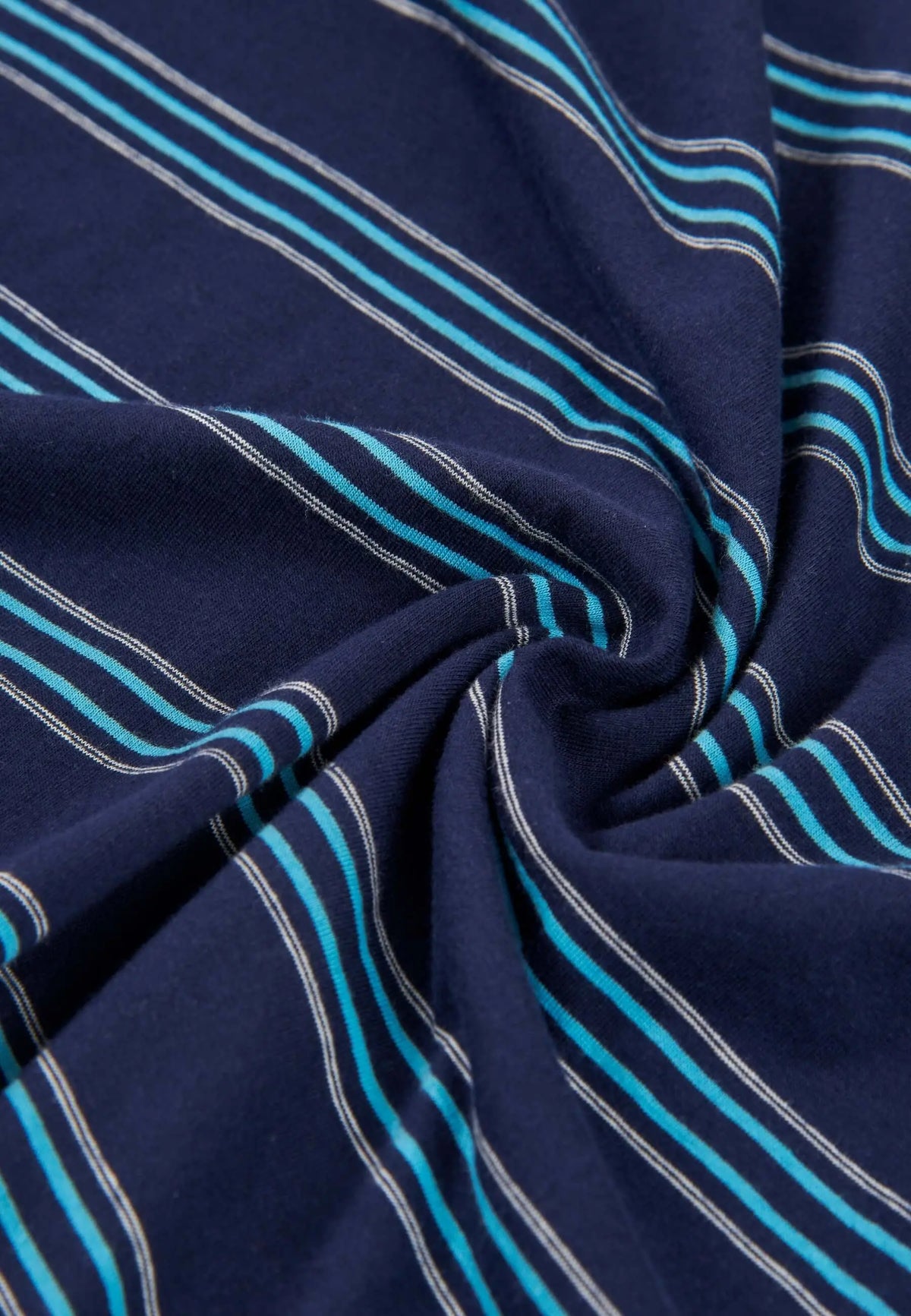 Tejido de punto azul marino con rayas horizontales finas en azul turquesa y blanco. Textura suave y flexible.