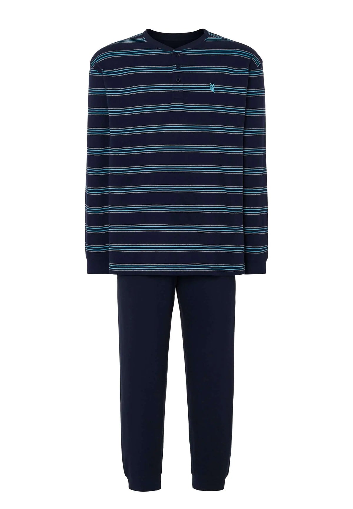 Pijama de hombre azul con camiseta de rayas y botones, pantalón liso, marca El Búho Nocturno, sobre fondo blanco.