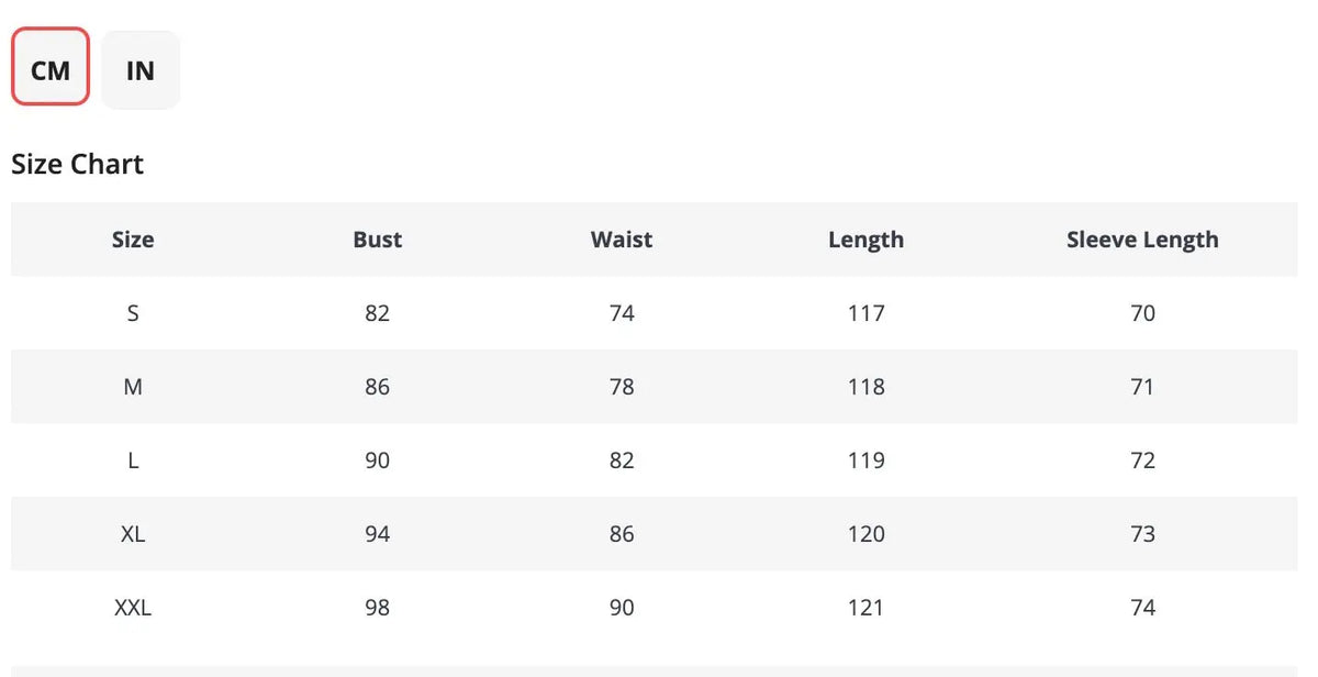 Size chart for women's clothing in centimeters and inches, showcasing bust, waist, length, and sleeve length measurements.
