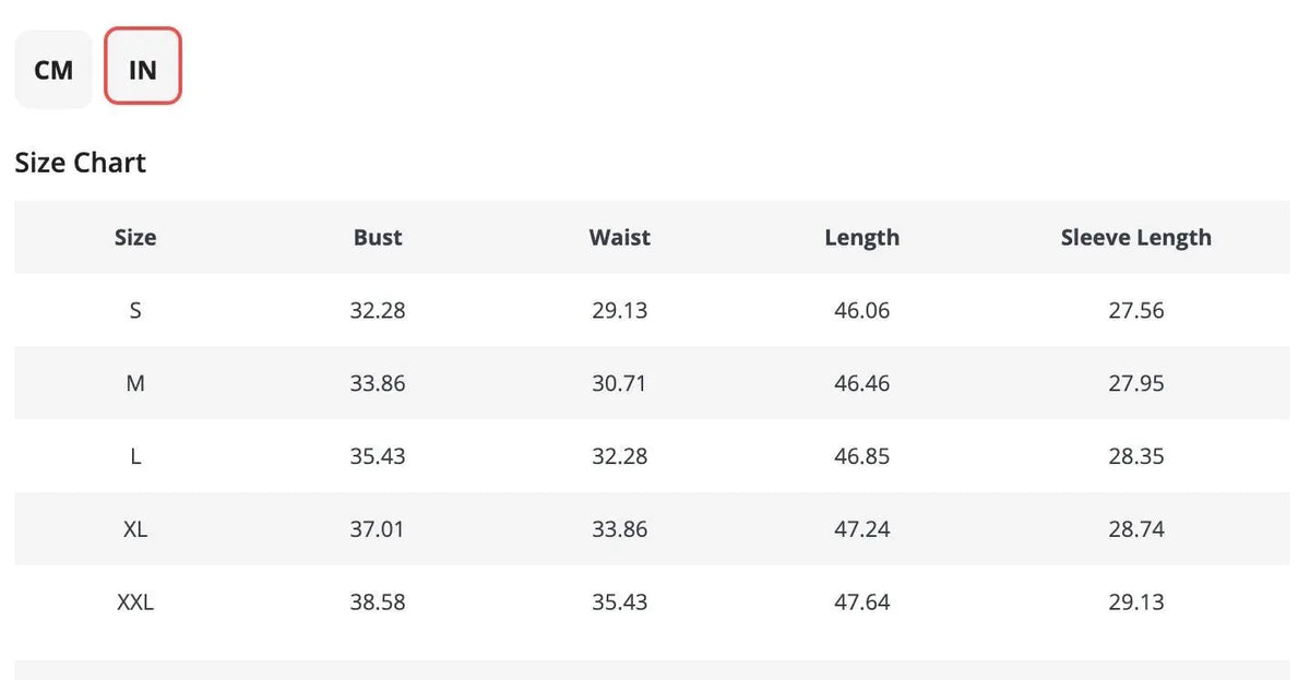 Size chart for women's clothing, featuring bust, waist, length, and sleeve measurements in inches for sizes S to XXL.