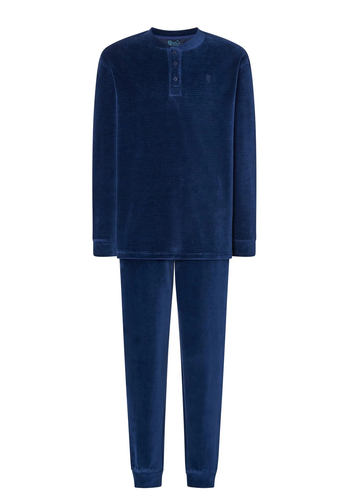 Pijama de hombre azul de terciopelo con camiseta de rayas horizontales, cuello abotonado y puños elásticos.