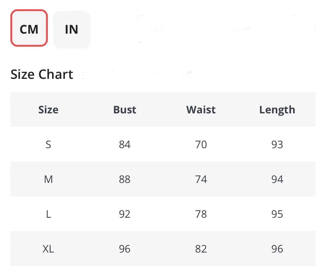 Size chart for women's clothing, featuring bust, waist, and length measurements in centimeters.