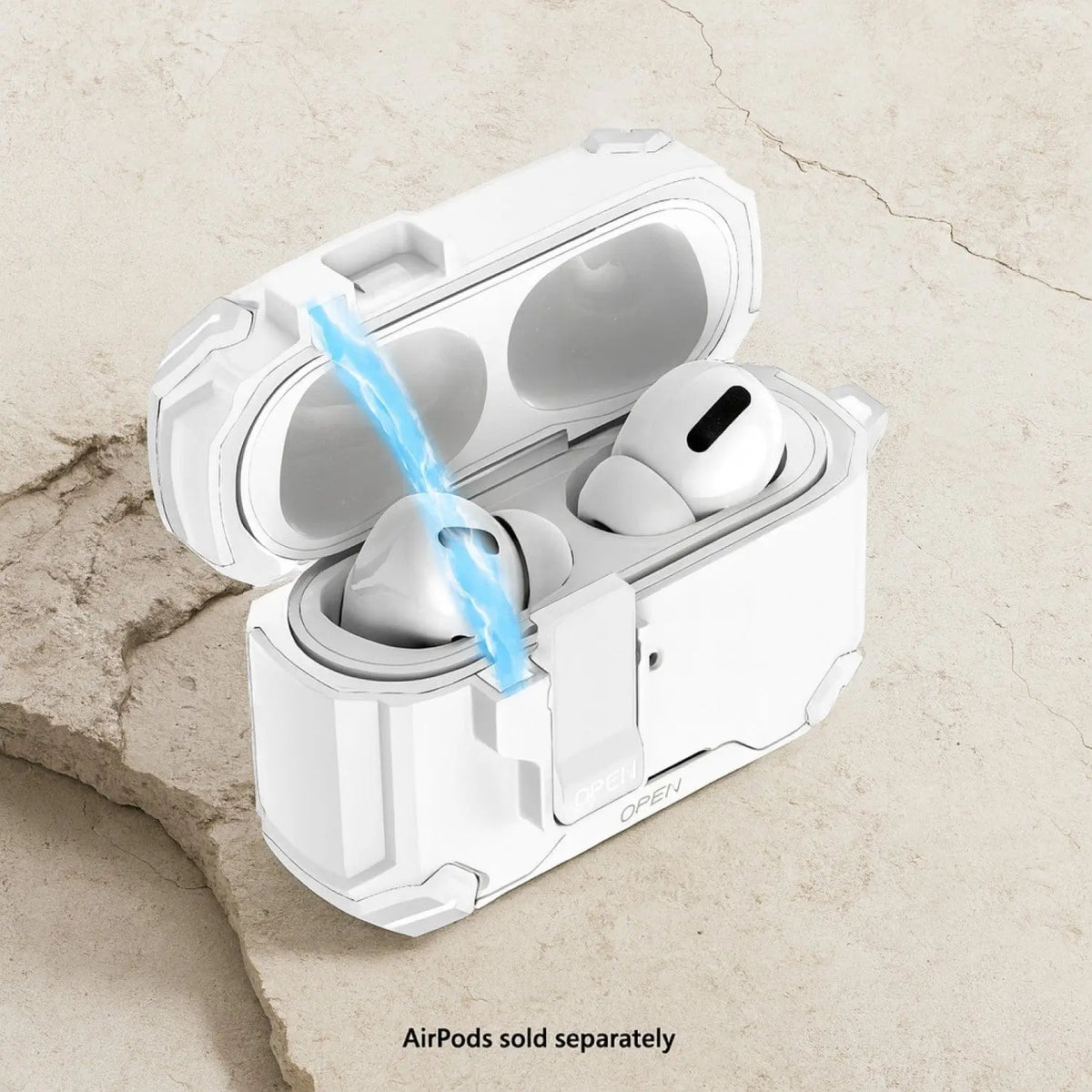 White heavy-duty protective case for AirPods Pro, featuring a rugged design, secure locking latch, and open lid.