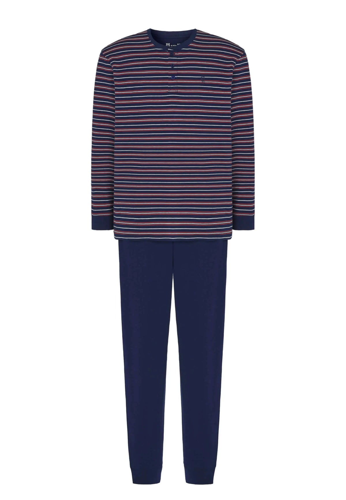 Pijama de hombre azul: camiseta de manga larga a rayas con tapeta de botones y pantalón liso de punto.