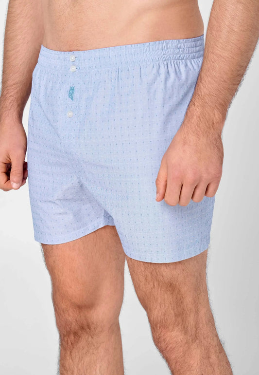 Calzoncillo bóxer holgado azul claro con estampado de puntos, botones frontales y cintura elástica cómoda.