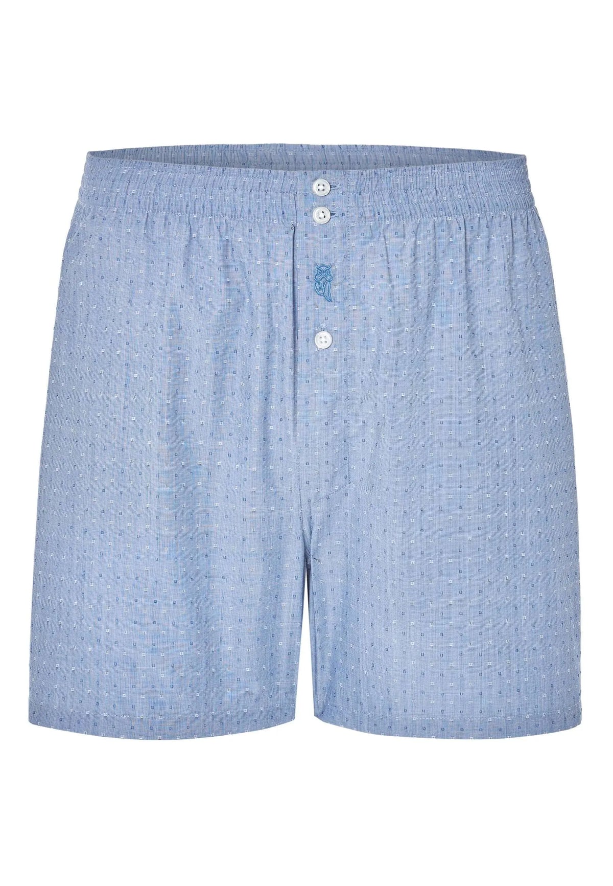 Calzoncillo bóxer azul de corte holgado con estampado geométrico sutil, cintura elástica y cierre de botones.