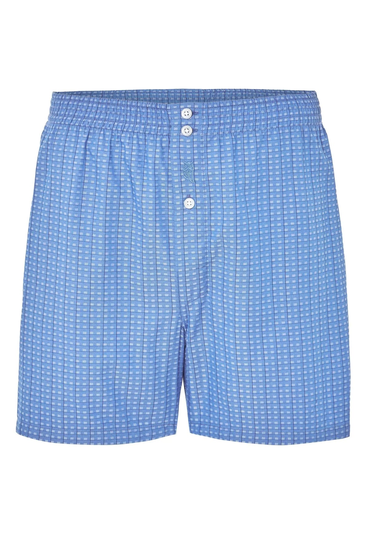 Calzoncillo bóxer azul de corte holgado con estampado de cuadros pequeños, cintura elástica y cierre de botones.