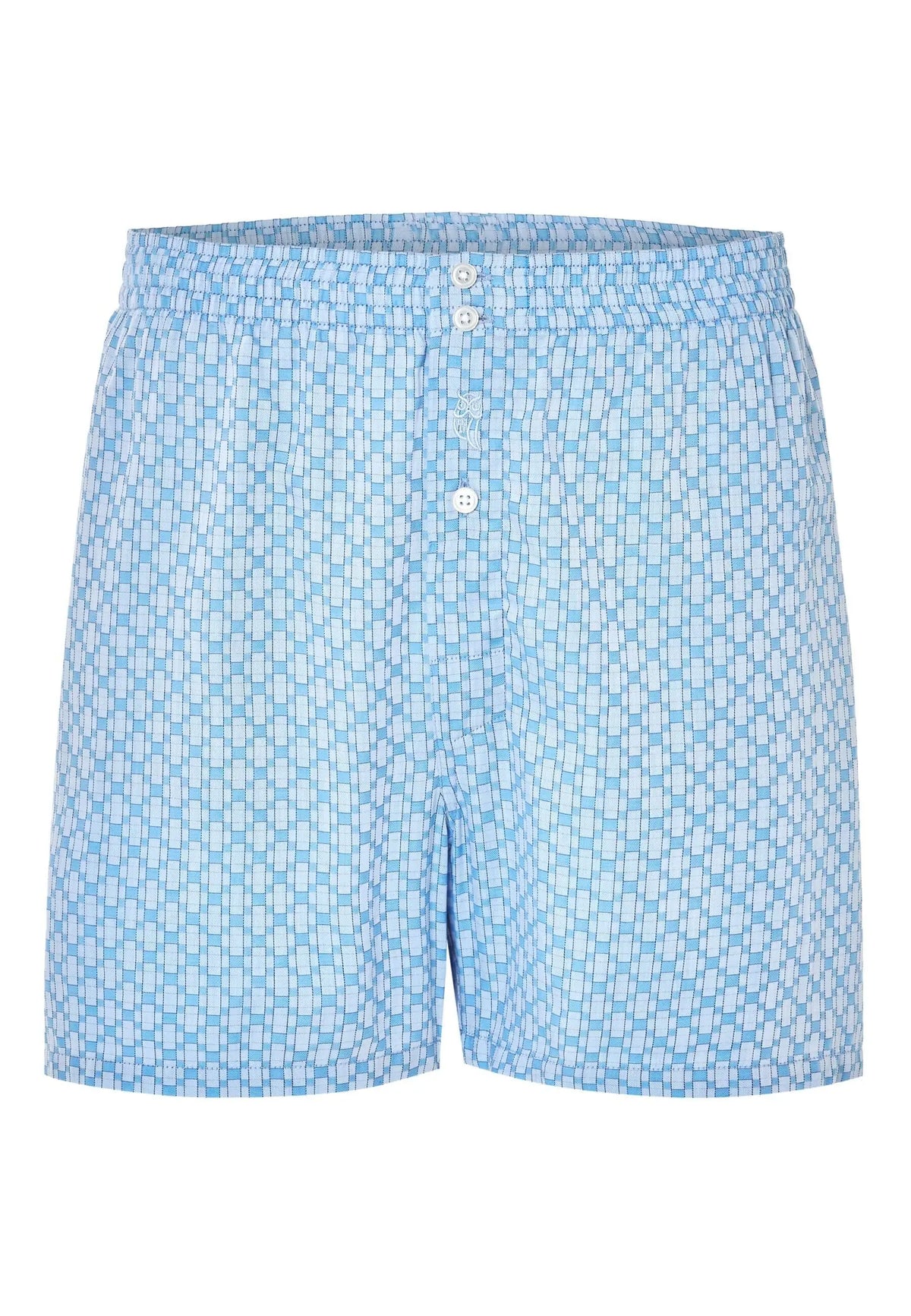 Calzoncillo bóxer holgado para hombre en color azul con estampado de cuadros, cintura elástica y cierre de botones.