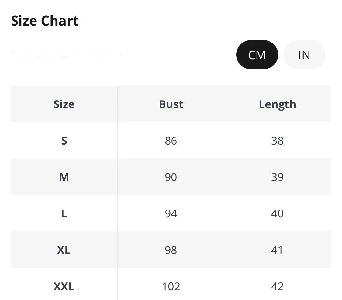 Size chart for women's tops in centimeters, detailing bust and length measurements for sizes S to XXL.