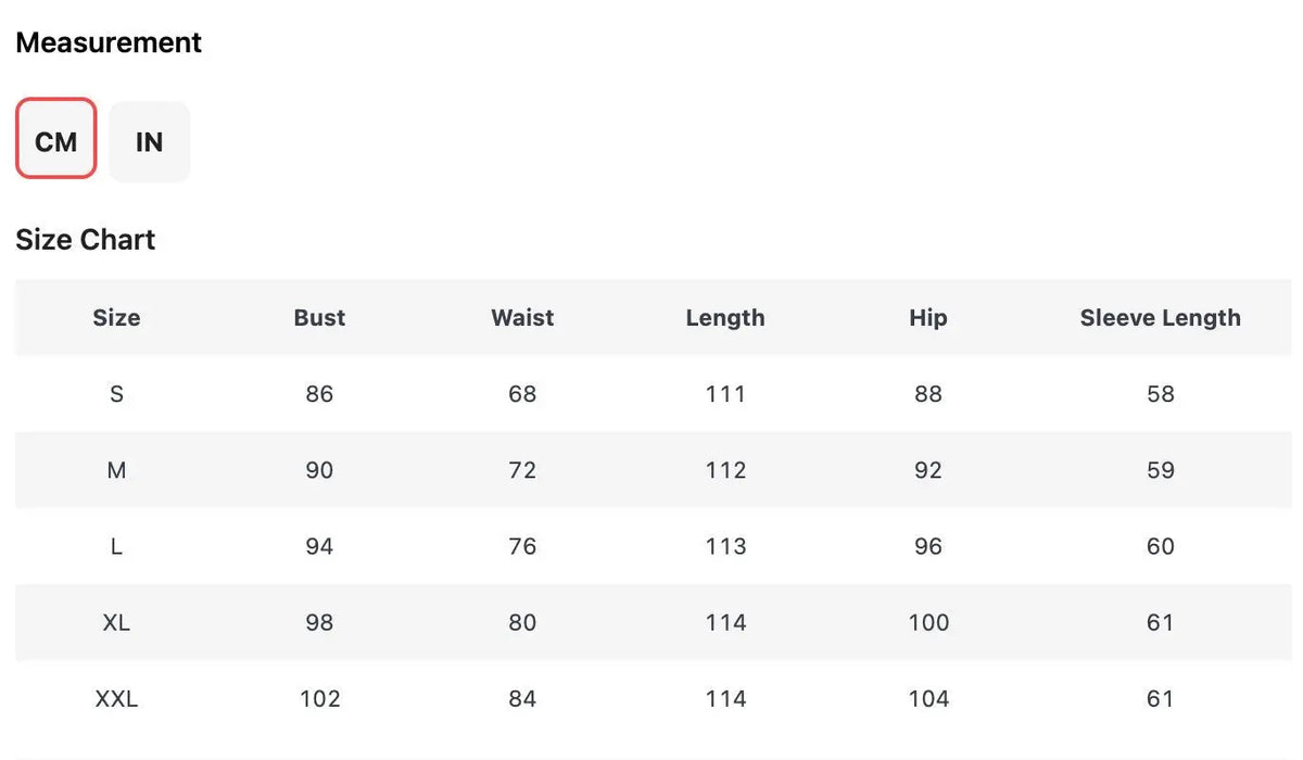 Size chart for women's apparel: S to XXL, with bust, waist, hip, and sleeve length measurements in cm and inches.